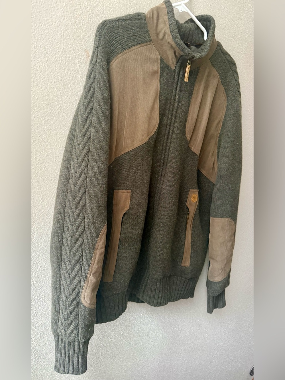 Vtg. Eddie Bauer Merino Green Wool Canvas Patches Cable-Knit Zip Up Sweater Sz.L - Picture 2 of 9